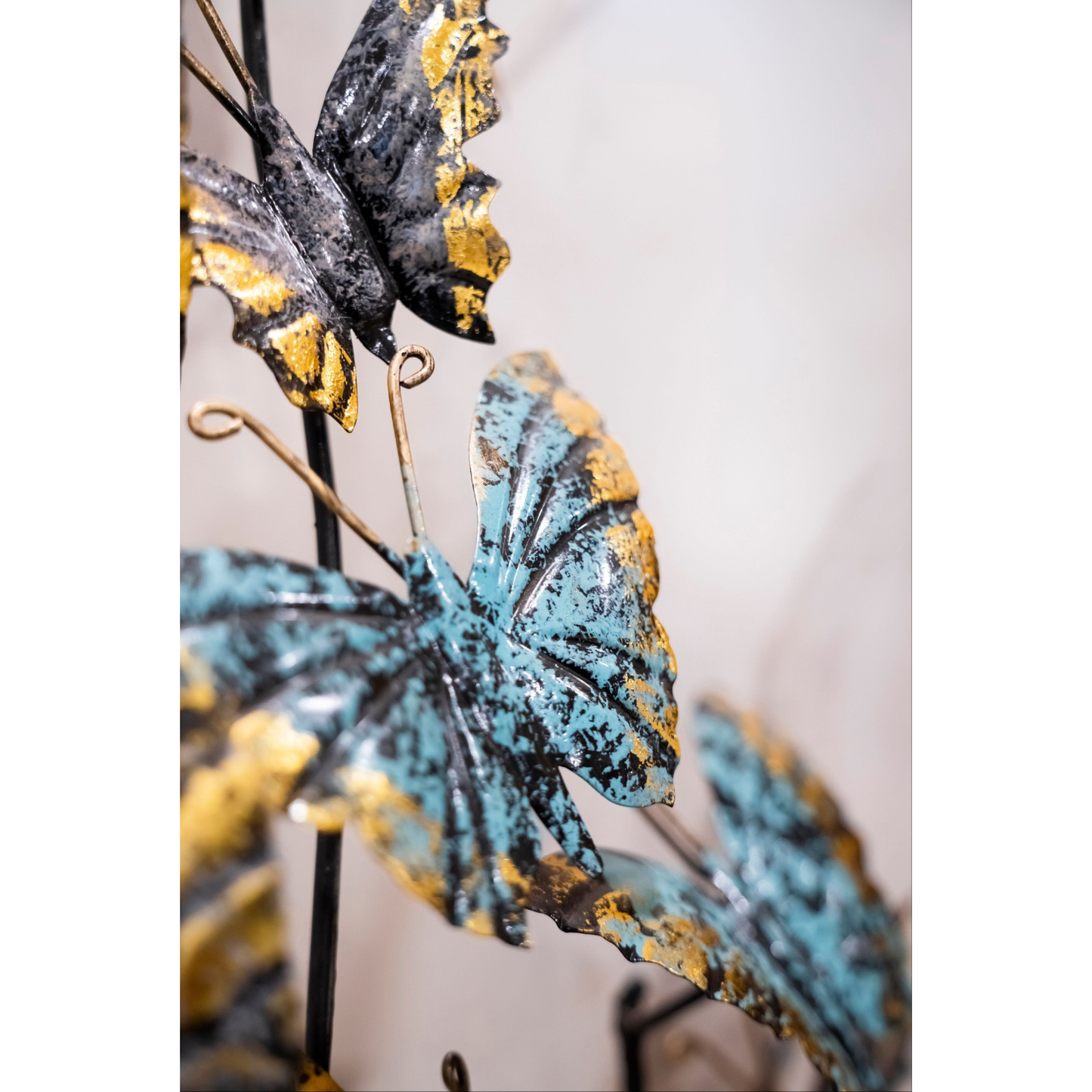 Artistic Golden Wing Butterfly Cluster Decor | Blue & Teal Metal Sculpture