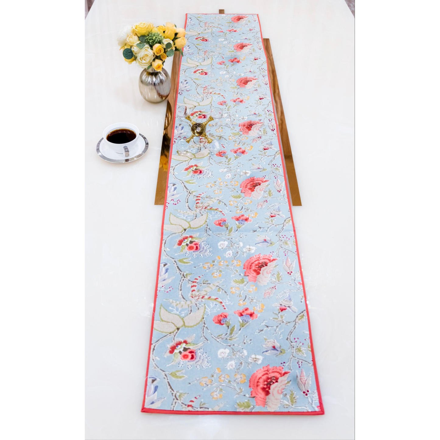 Chic Blue & Pink Floral Table Runner | Decorative Dining Room Accent
