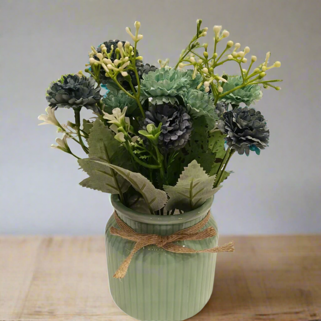 Cool Tones Harmony: Artificial Blue-Green Floral Arrangement in Ceramic Ribbed Sage Vase