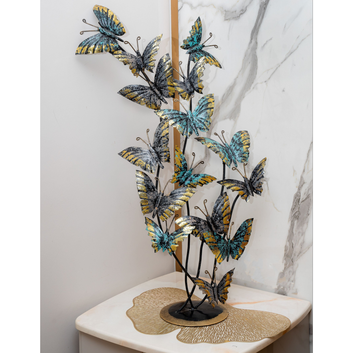 Artistic Golden Wing Butterfly Cluster Decor | Blue & Teal Metal Sculpture