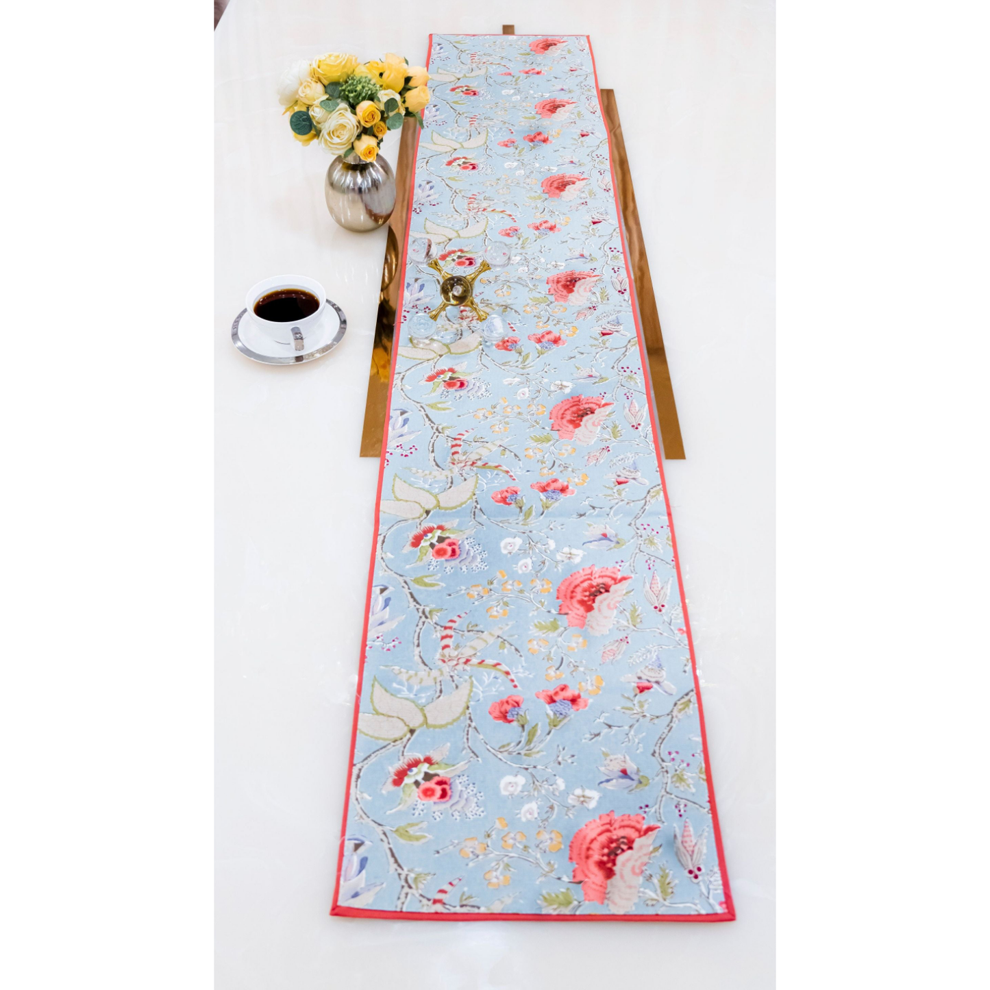 Chic Blue & Pink Floral Table Runner | Decorative Dining Room Accent