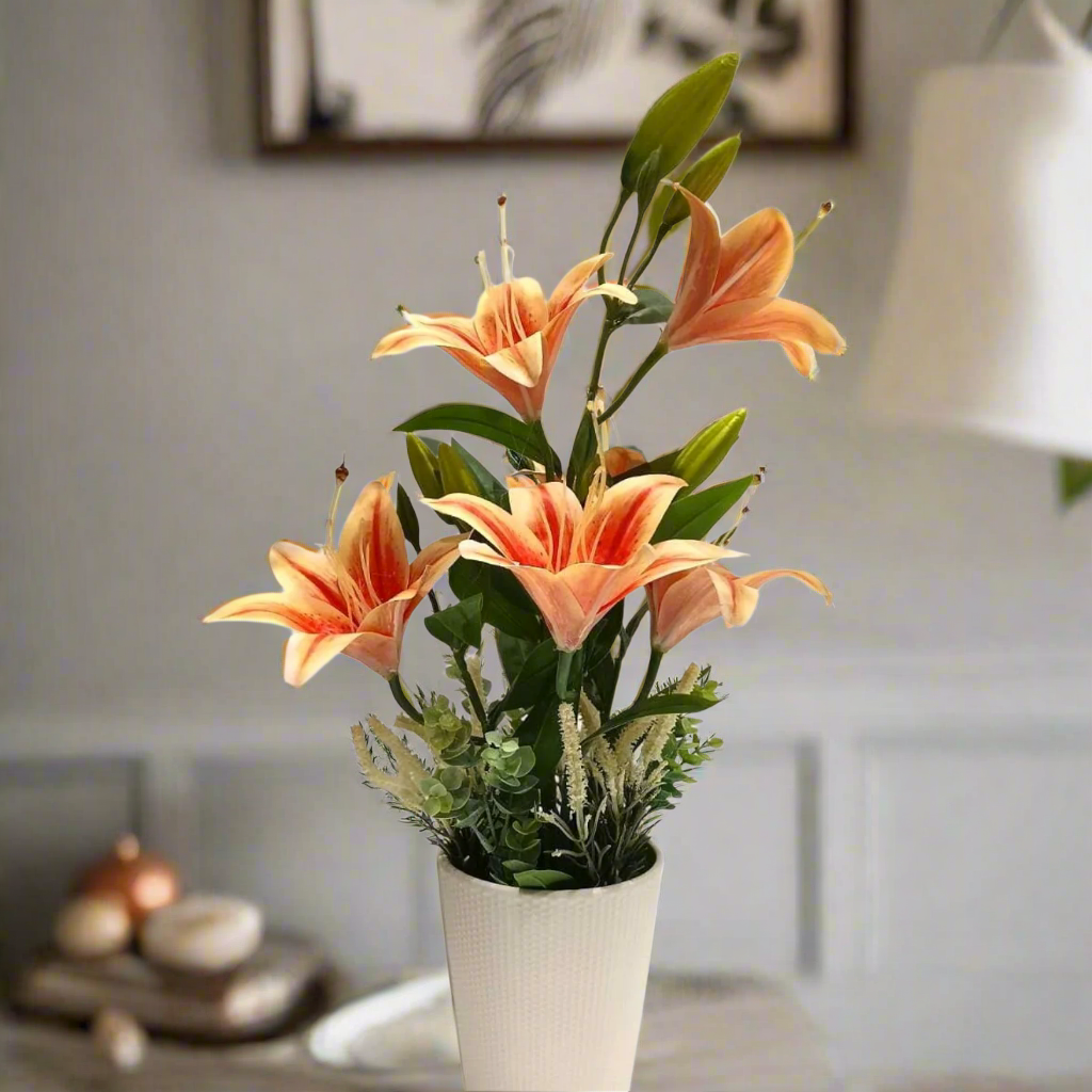 Exotic Radiance: Artificial Tiger Lily Arrangement in Ceramic Textured Pot