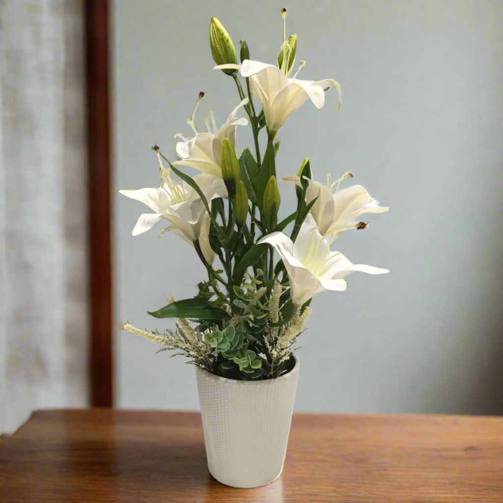 Pure Grace: Artificial White Lily Arrangement in Ceramic Textured Pot
