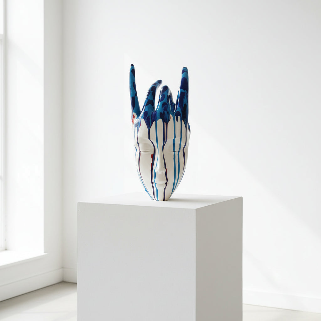 Ceramic vase shaped like a face with blue and white patterns on a wooden surface.