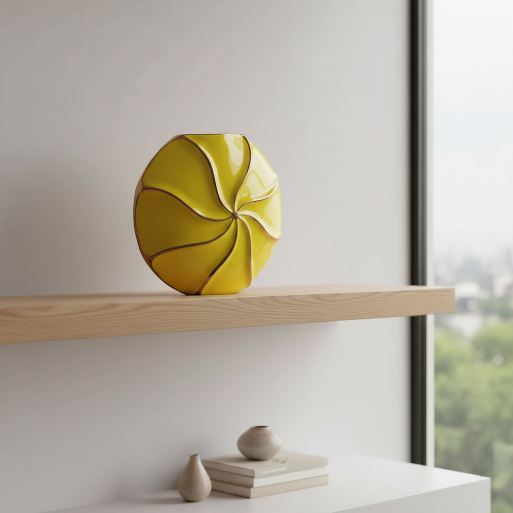 Yellow glass vase on a wooden shelf with a minimalistic background
