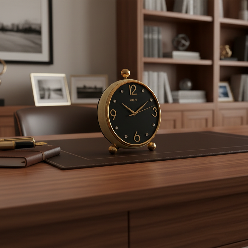 Decorative clock with gold rim and black face on a white background