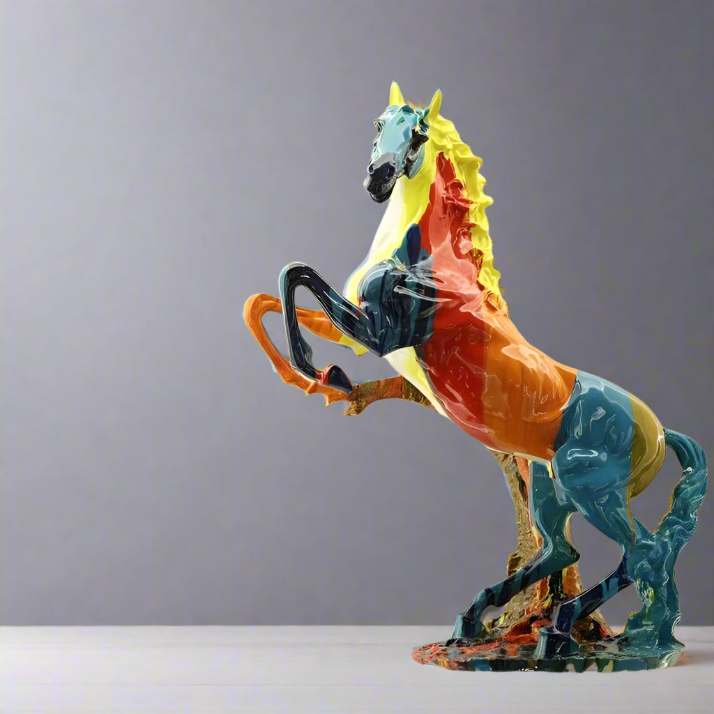 Colorful horse sculpture on a reflective surface with a light background