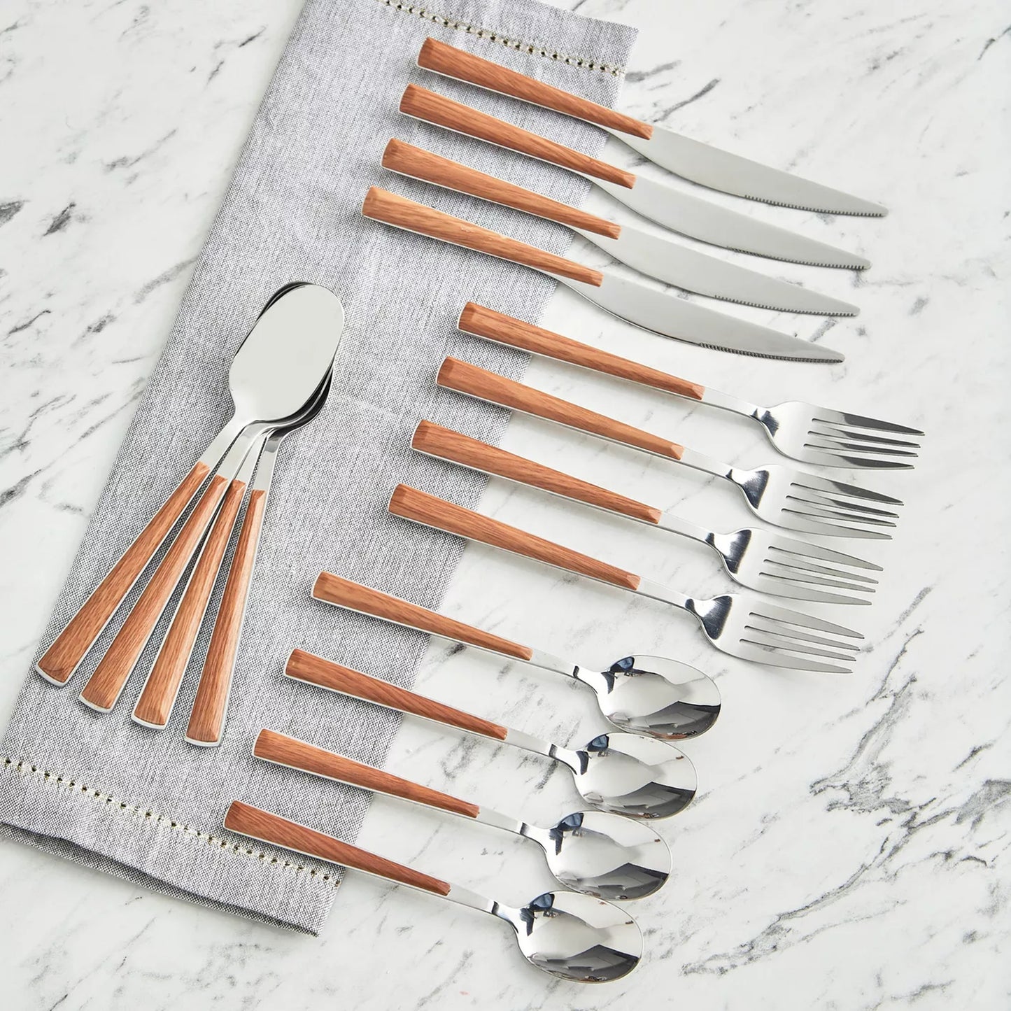 Stainless Steel Flatware Set with Wood-Look Handles - 16-Piece Set