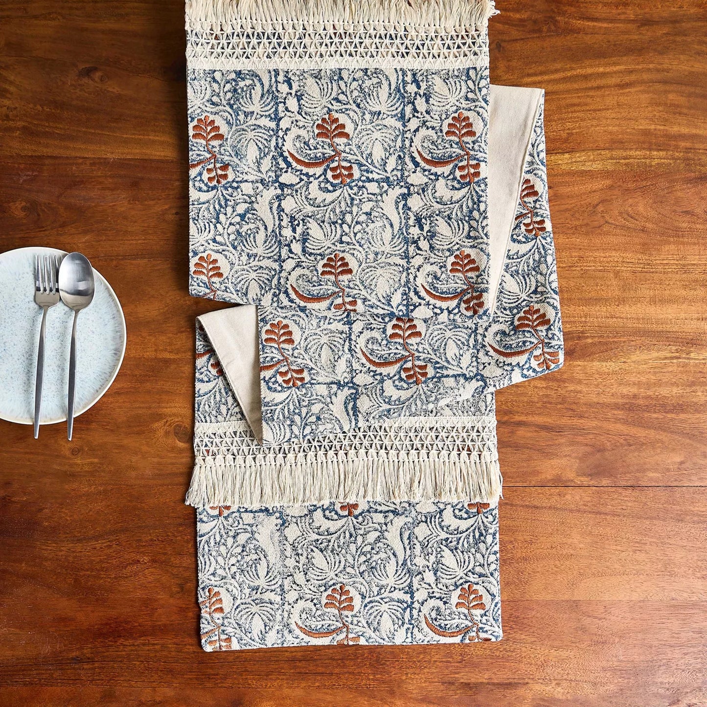 Handcrafted Blue and Ochre Floral Jacquard Table Runner with Tassels