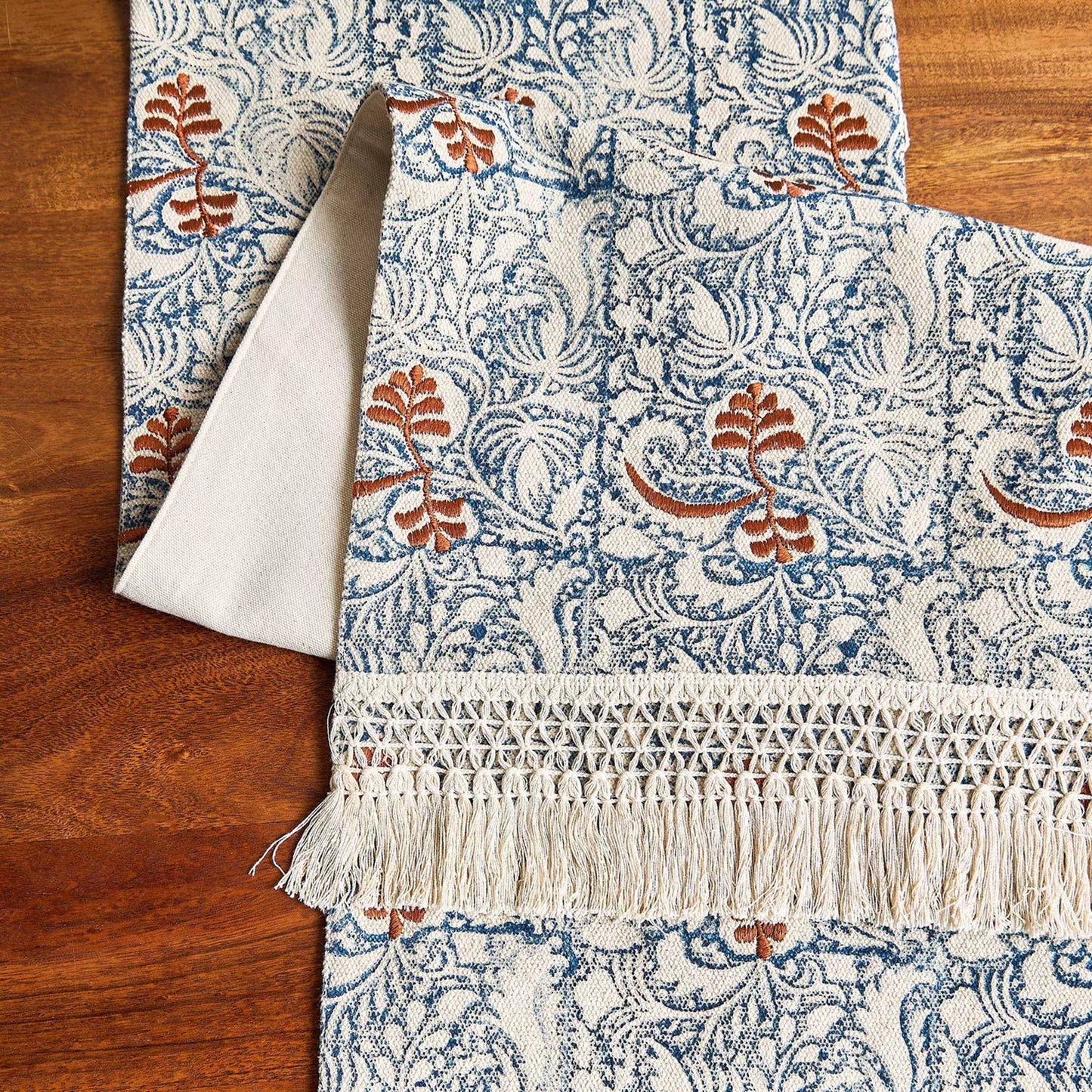 Handcrafted Blue and Ochre Floral Jacquard Table Runner with Tassels