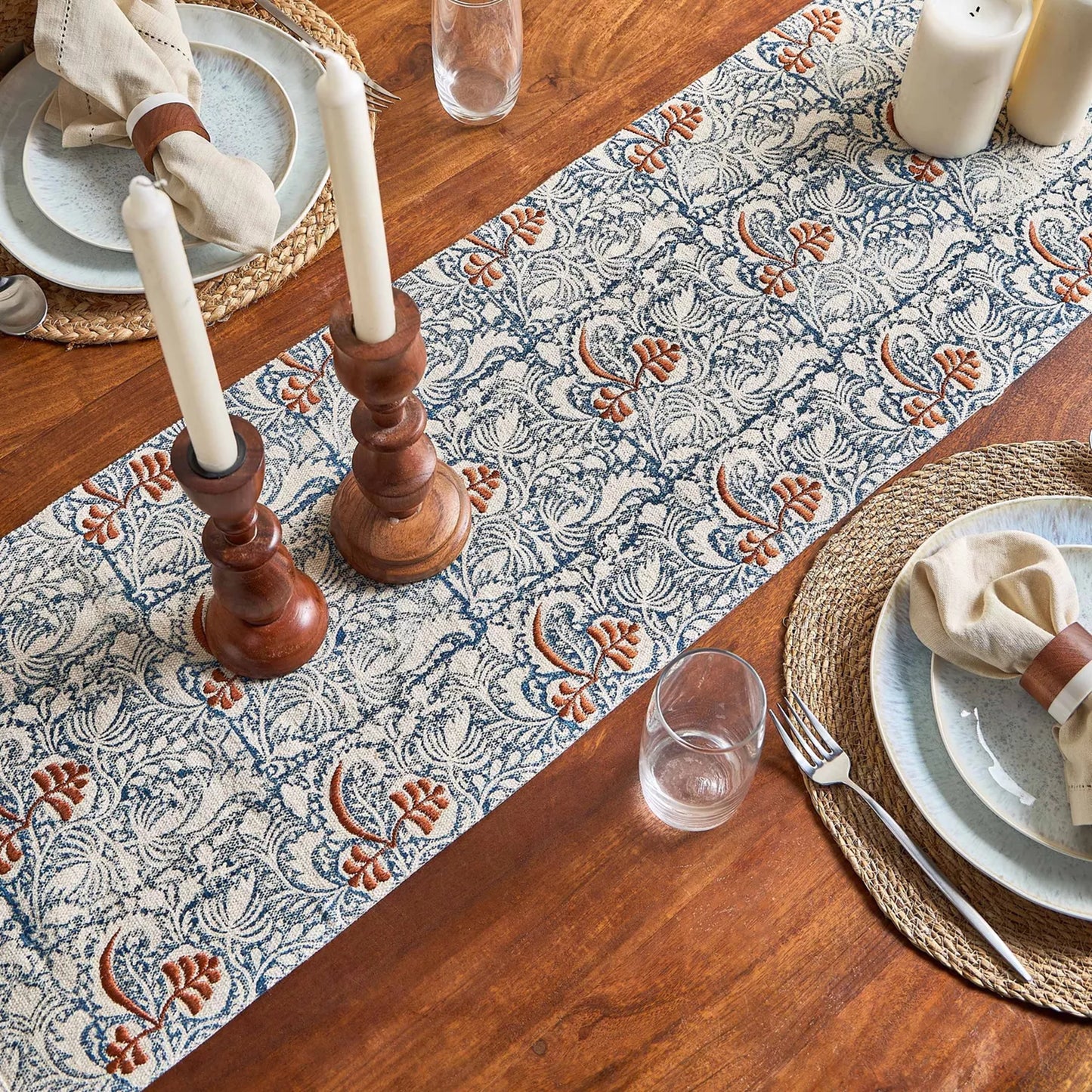 Handcrafted Blue and Ochre Floral Jacquard Table Runner with Tassels