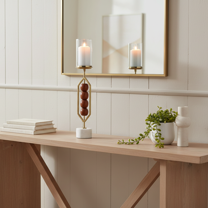 Decorative candle holder with a candle on a marble surface against a neutral wall.