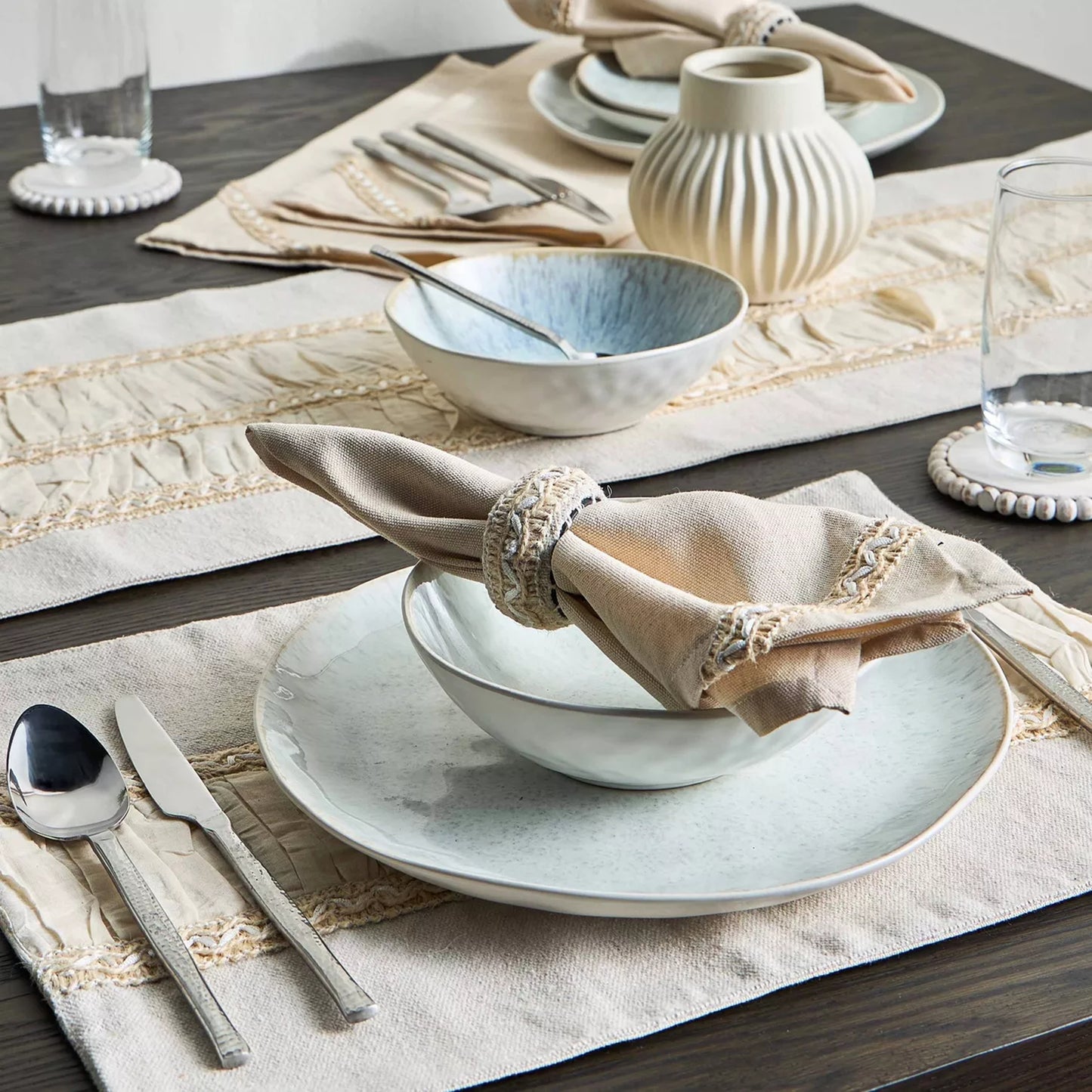 Rustic Chic Ruffled Cotton & Lace Table Runner