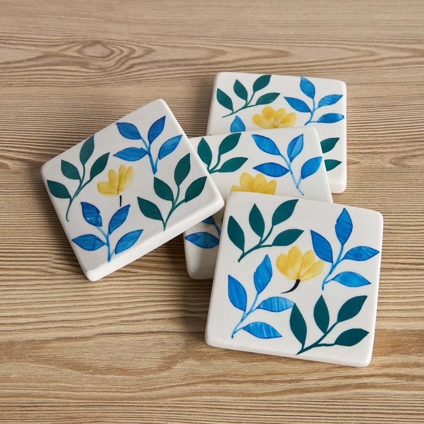 Hand-Painted Botanical Ceramic Coasters (Set of 4)