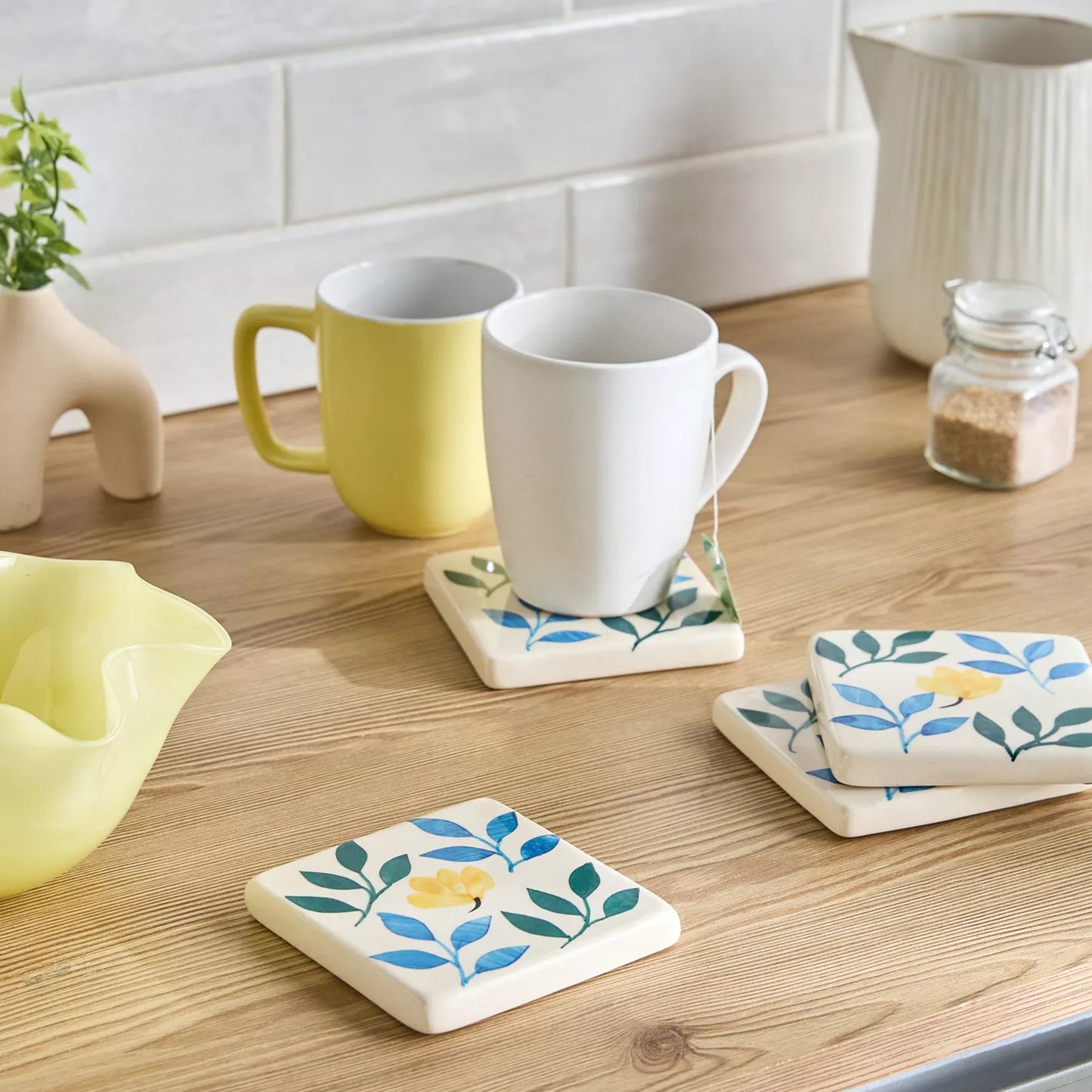 Hand-Painted Botanical Ceramic Coasters (Set of 4)