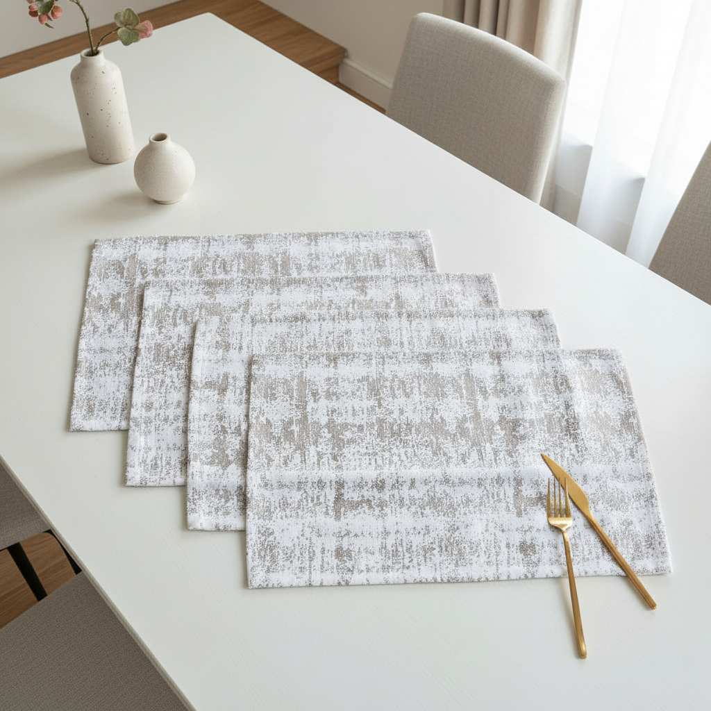 Set of three textured placemats on a white table with a gold fork.