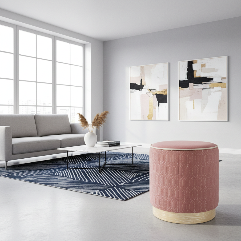 Rose Pink Velvet Ottoman with Geometric Stitching – Le Decor Cove