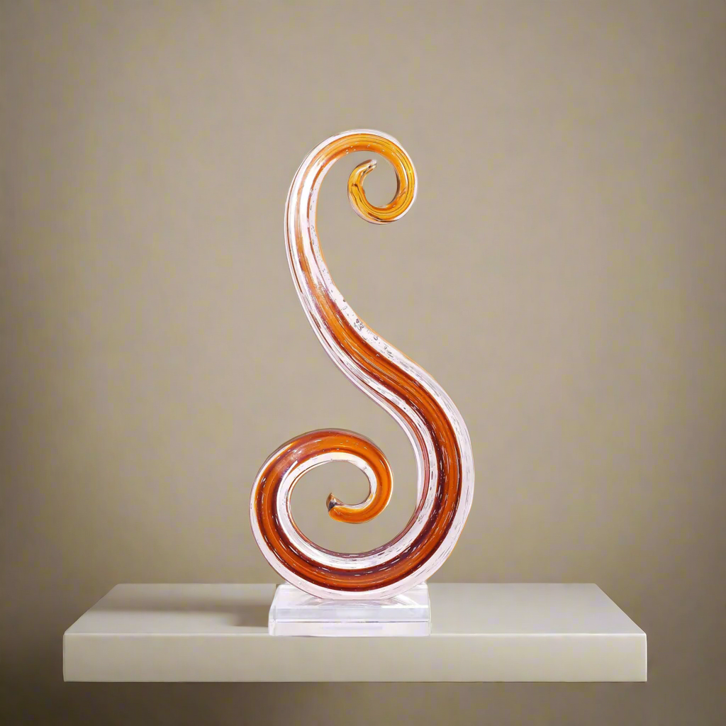 Decorative swirl sculpture on a table with a blurred indoor background