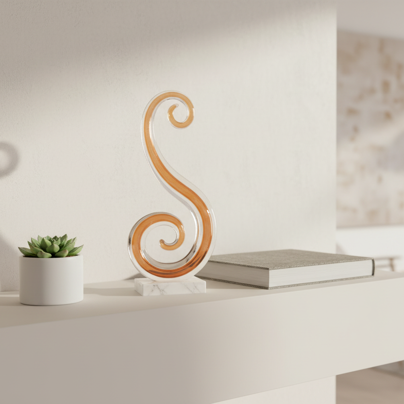 Decorative wooden sculpture on a white surface with a blurred indoor setting