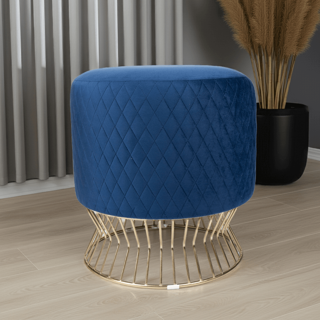 Chic Navy Velvet Pouf with a Gold Abstract Base