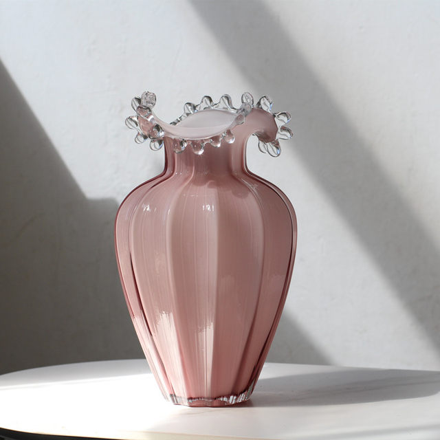 Blush Belle: Melon-Ribbed Art Glass Vase with Ruffled Berry Rim