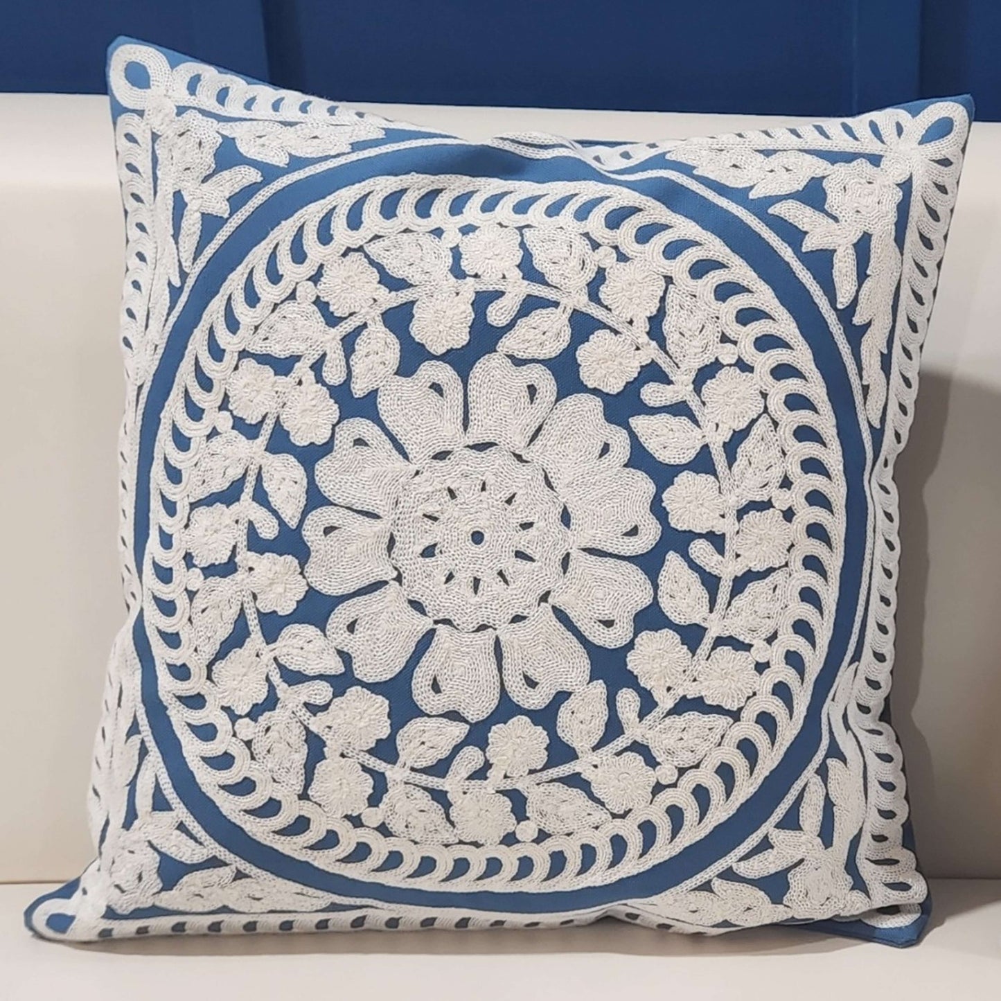 Royal Indigo Medallion Embroidered Cushion Cover