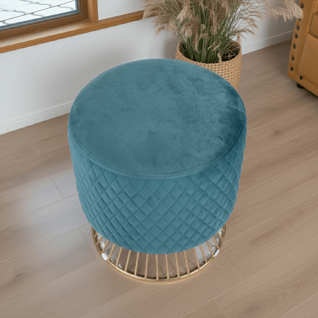 Glamorous Quilted Velvet Ottoman with Gold Base