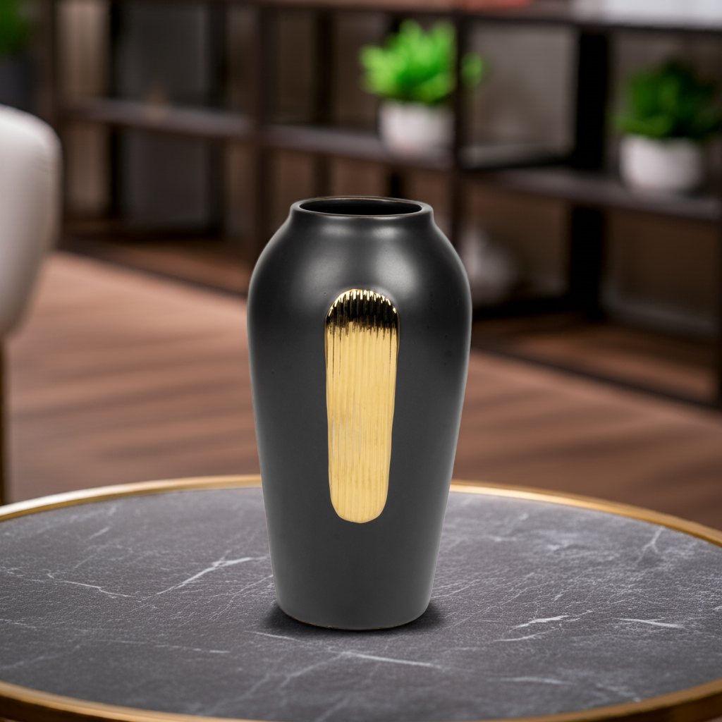 Obsidian Lumina: Classic Black Vase with Rectangular Gold Detail