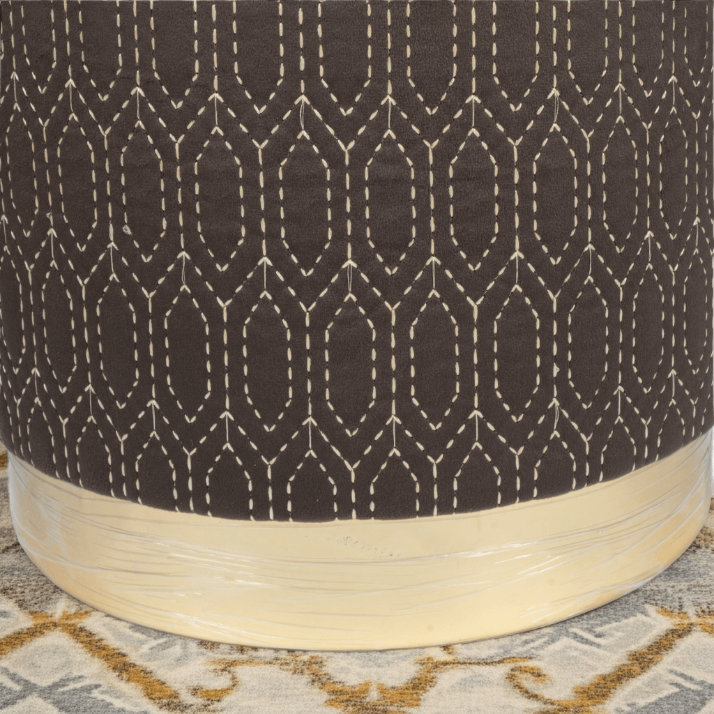 Elegant Geometric Velvet Ottoman in Chocolate displaying striking geometric honeycomb pattern in chocolate brown and cream thread.