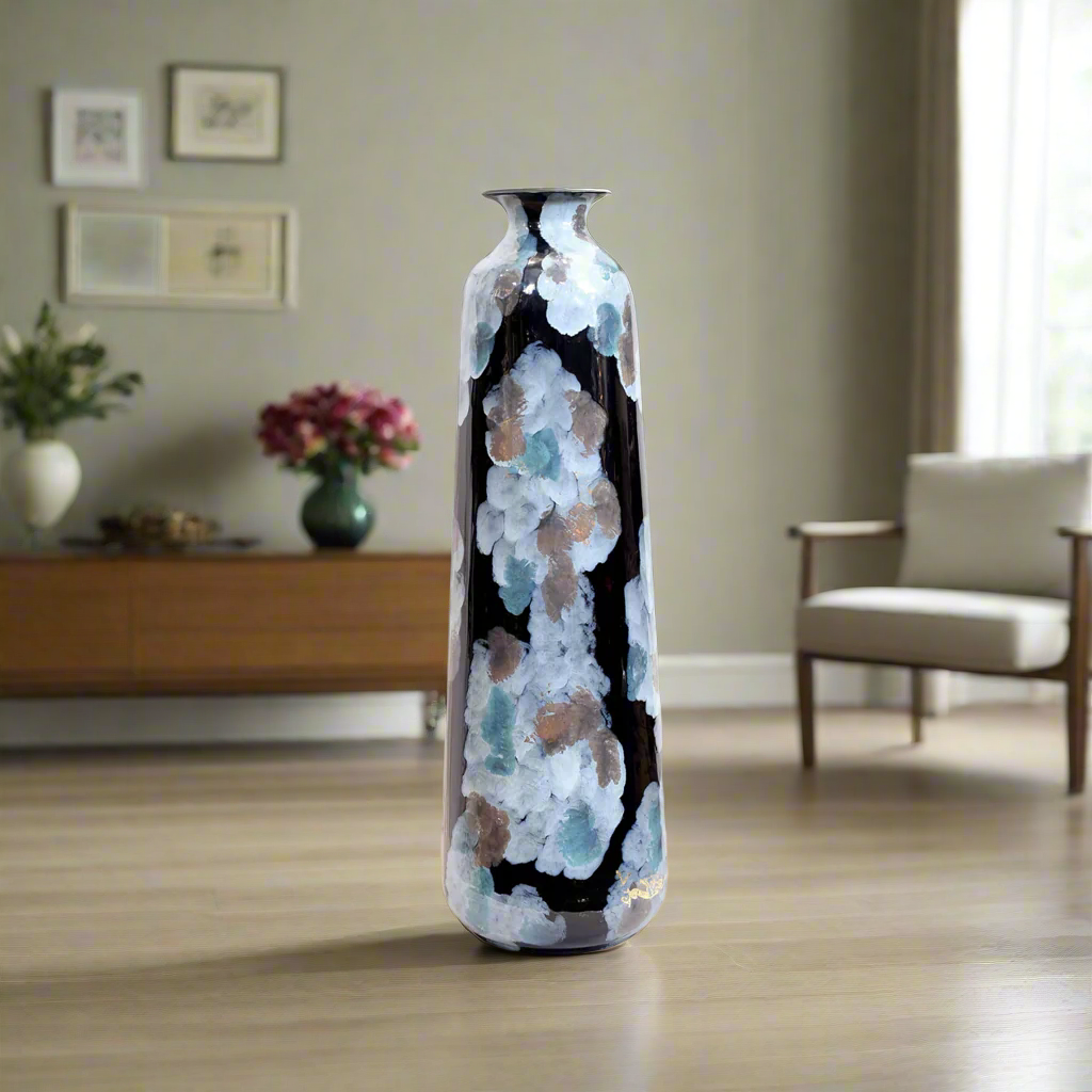 Ethereal Ascent: Tall Abstract Torpedo Floor Vase with Gold Leaf Accents