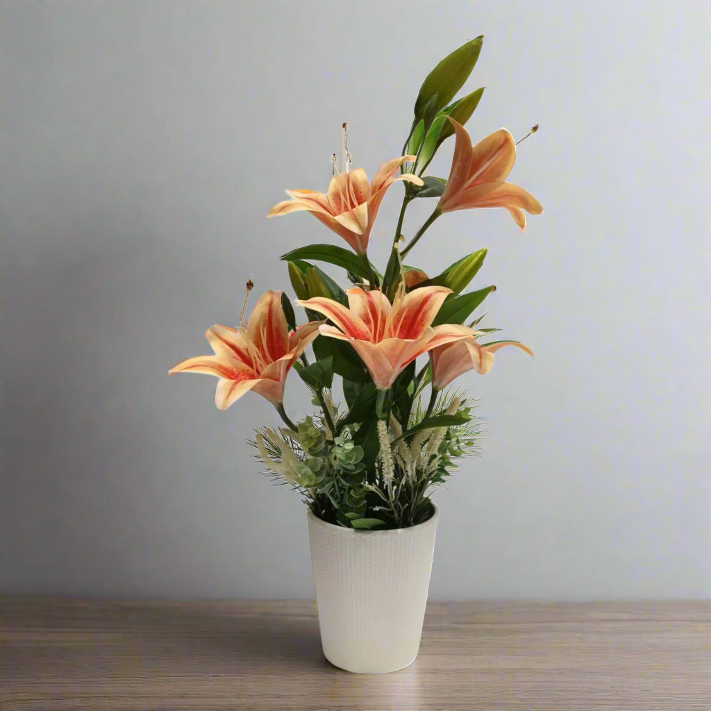 Exotic Radiance: Artificial Tiger Lily Arrangement in Ceramic Textured Pot