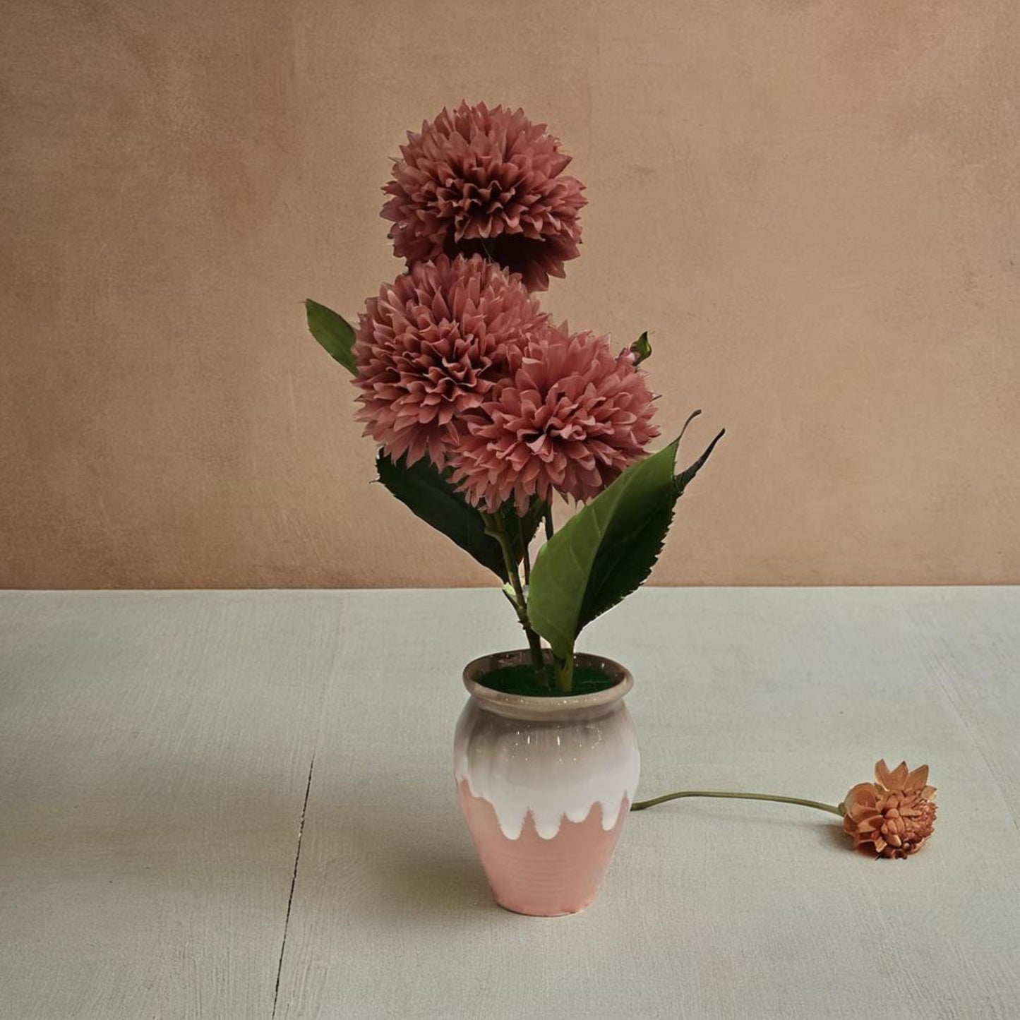 Artisan Bloom: Dusty Rose Chrysanthemums in Dipped Glaze Creamic Pot