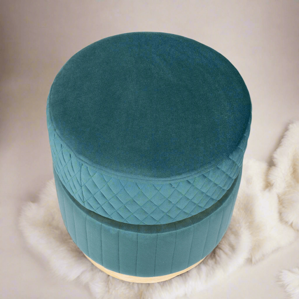 Luxurious Teal Velvet Ottoman with quilted and channel tufting, adding elegance to any modern decor.