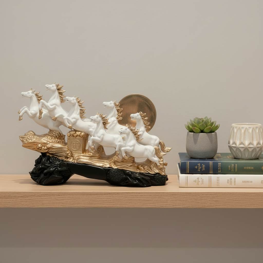 Decorative sculpture of horses pulling a chariot on a shelf with books and a plant.