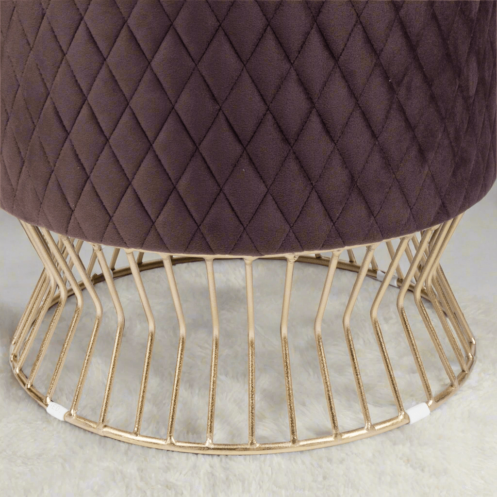Luxurious Dark Brown Quilted Velvet Ottoman with Gold Base, featuring a diamond quilted velvet top and a sculptural gold metal base.