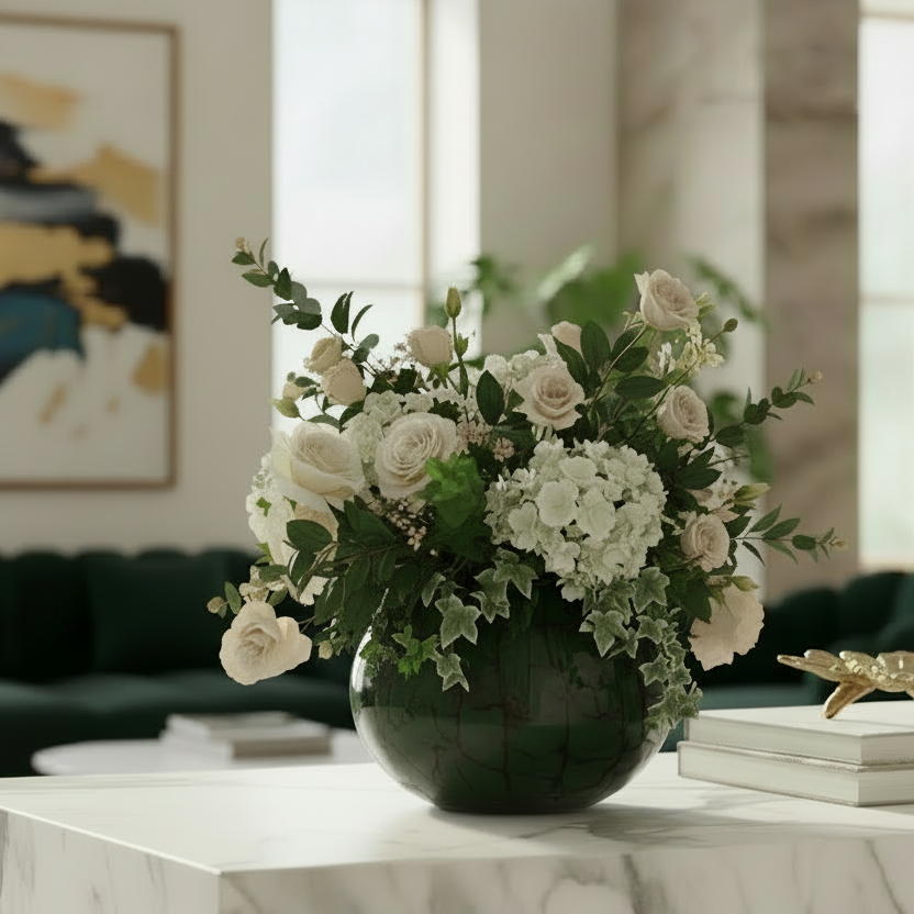 Floral arrangement in a vase on a marble table with a modern painting in the background