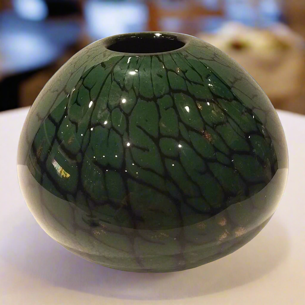 Verdant Allure: Globular Vase with Organic Crackle Finish