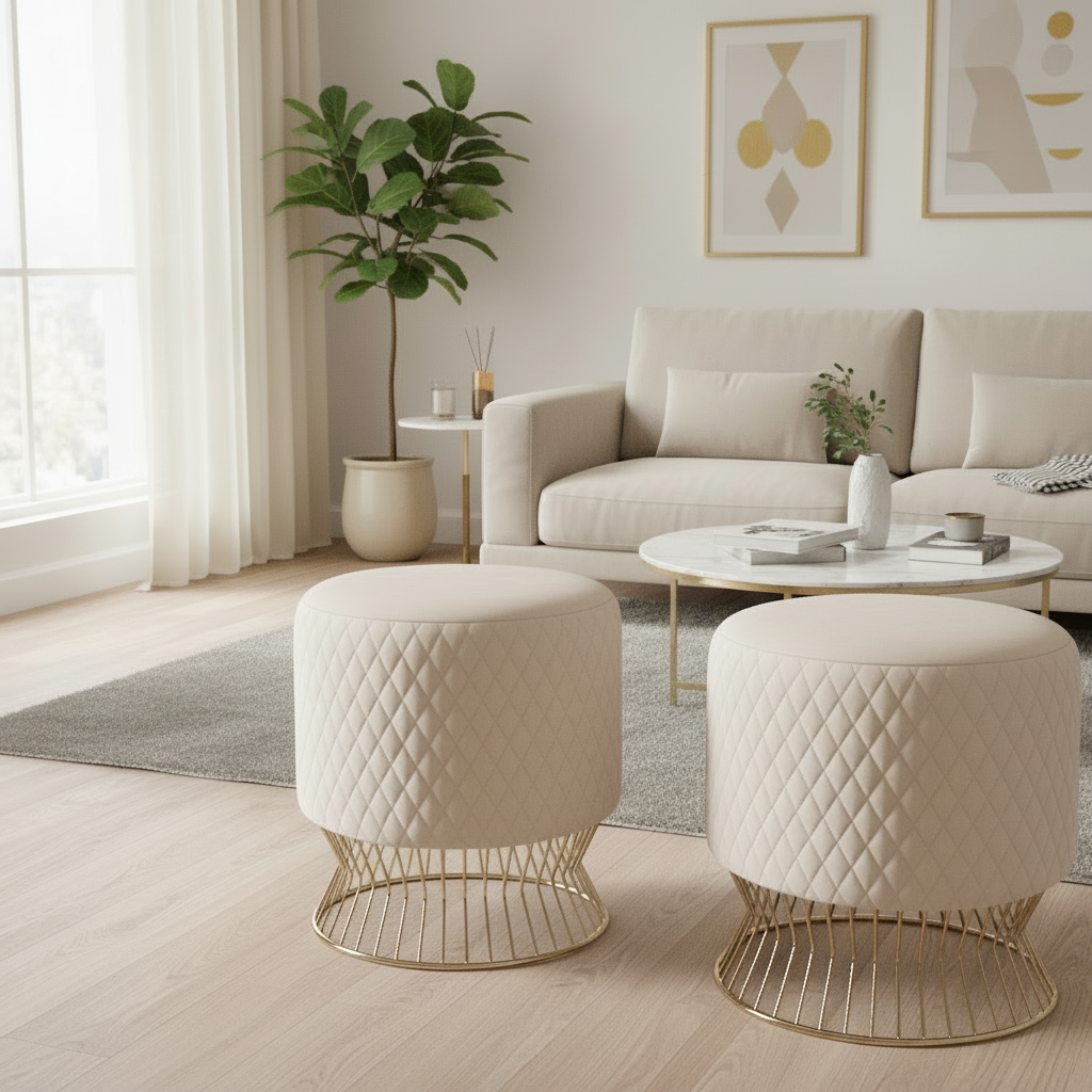 Elegant Beige Velvet Quilted Ottoman with Gold Wireframe Base