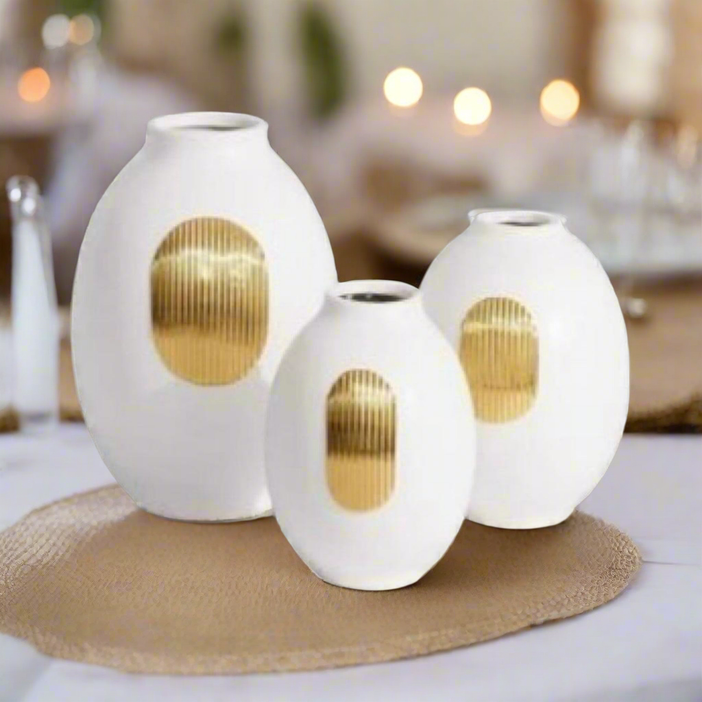 Gilded Harmony: White Ceramic Vase with Textured Gold Accent