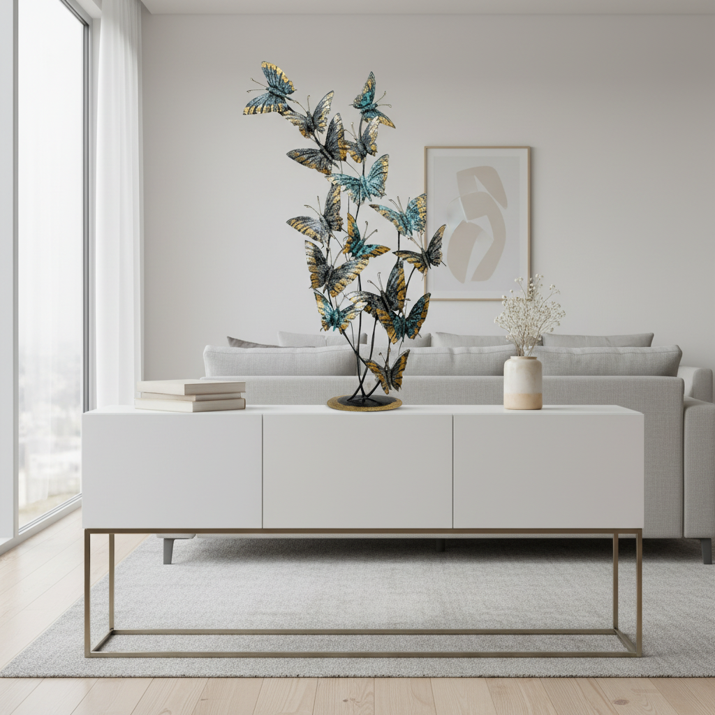 Artistic Golden Wing Butterfly Cluster Decor | Blue & Teal Metal Sculpture