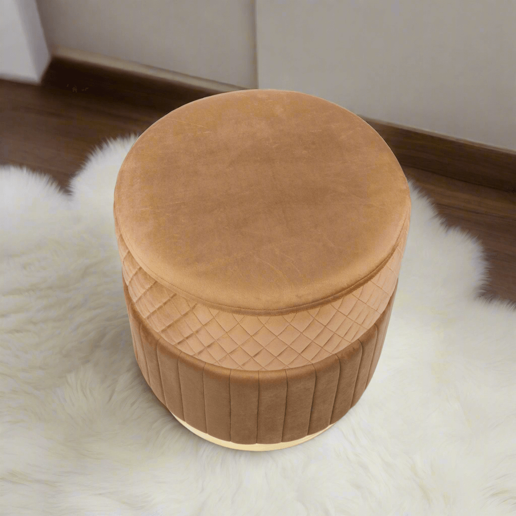 Glamorous Two-Tiered Velvet Ottoman in Camel on a soft rug, showcasing its elegant design and professional quilted texture.