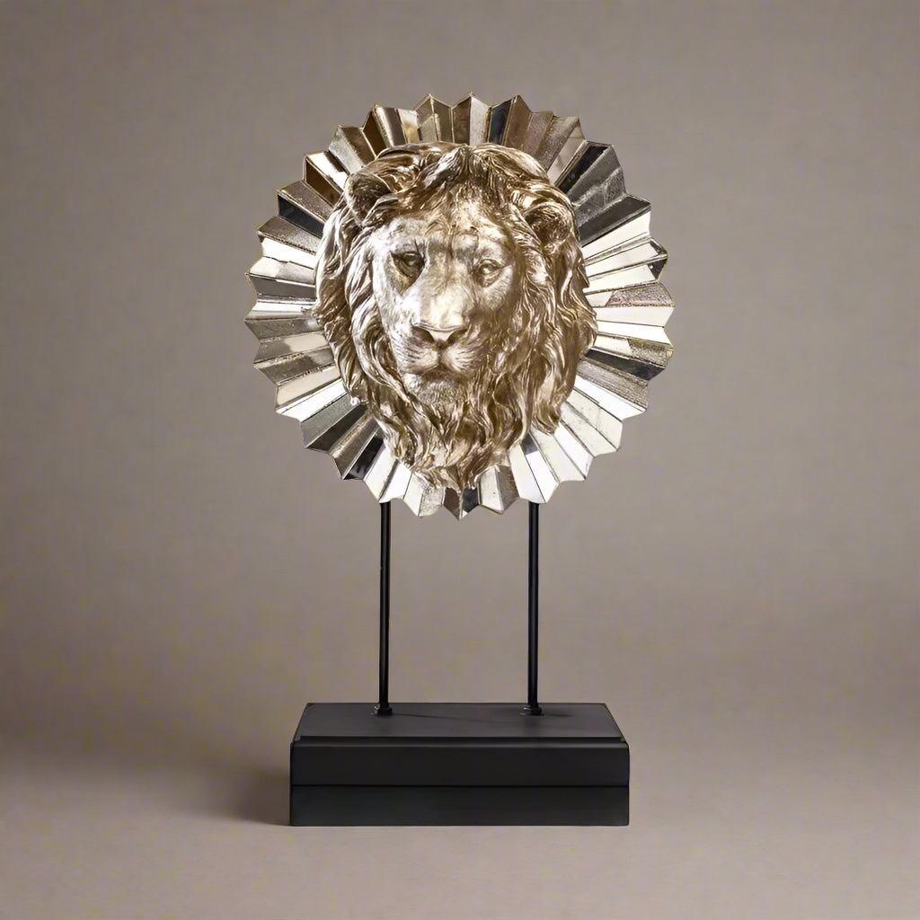 Majestic Gaze: Regal Lion Head Sculpture with Mirrored Mane