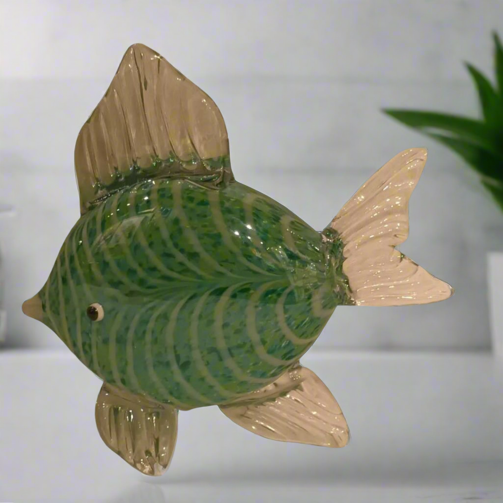 Emerald Ripple: Green & White Swirl Glass Fish Sculpture