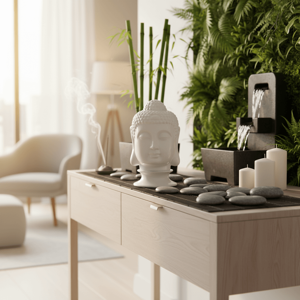White Buddha head-shaped diffuser on a reflective surface with a light gray background