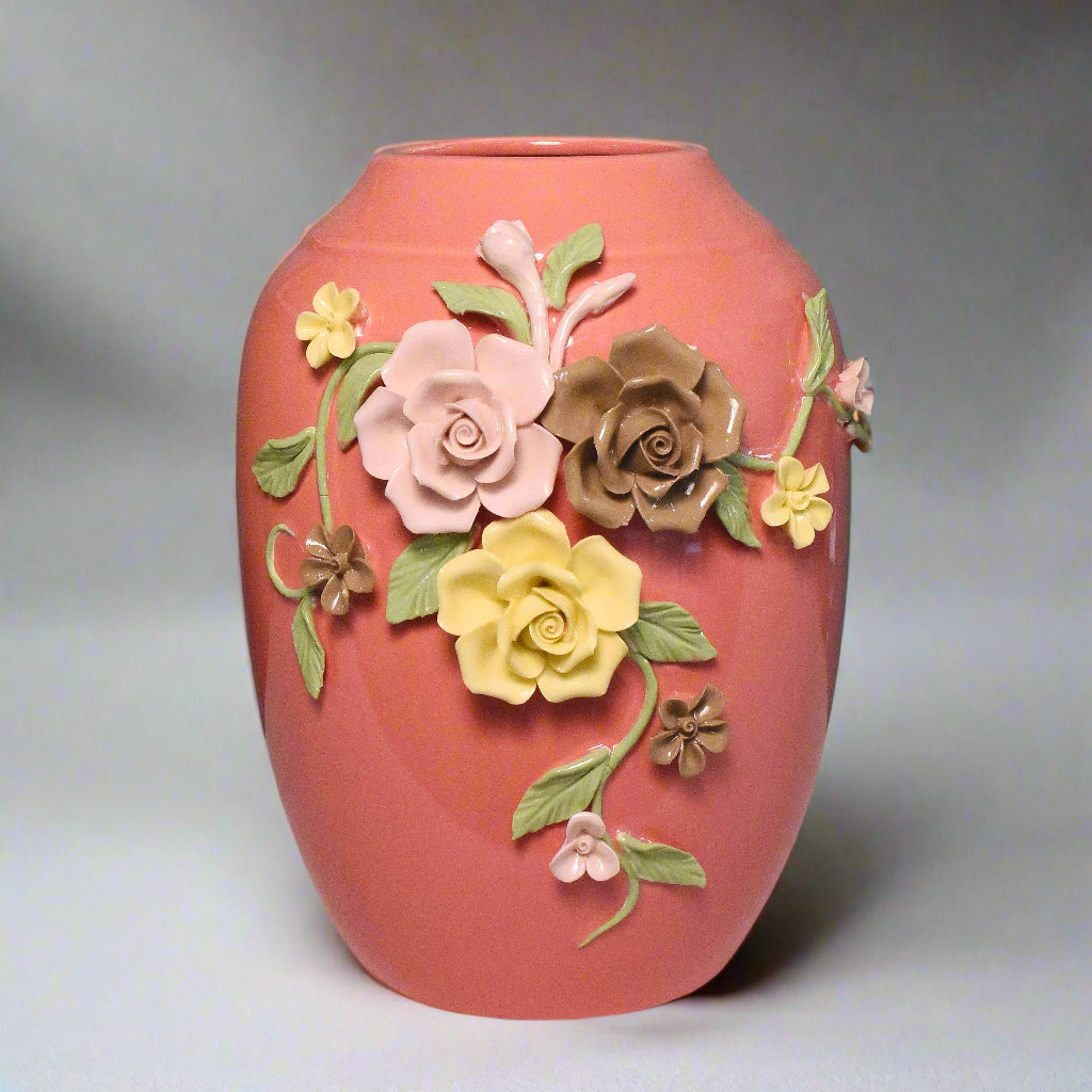 Rose Garden Charm: Hand-Applied Floral Ceramic Vase in Salmon Pink (Big)