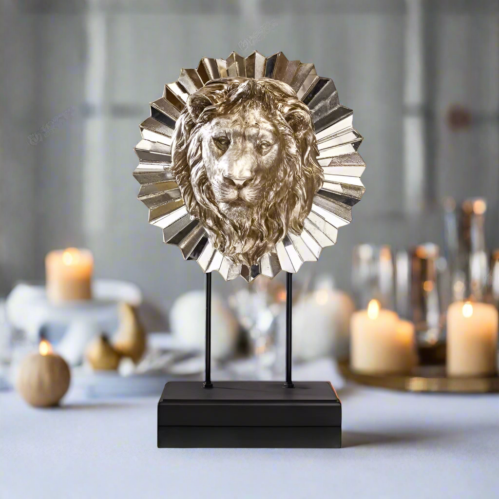 Majestic Gaze: Regal Lion Head Sculpture with Mirrored Mane