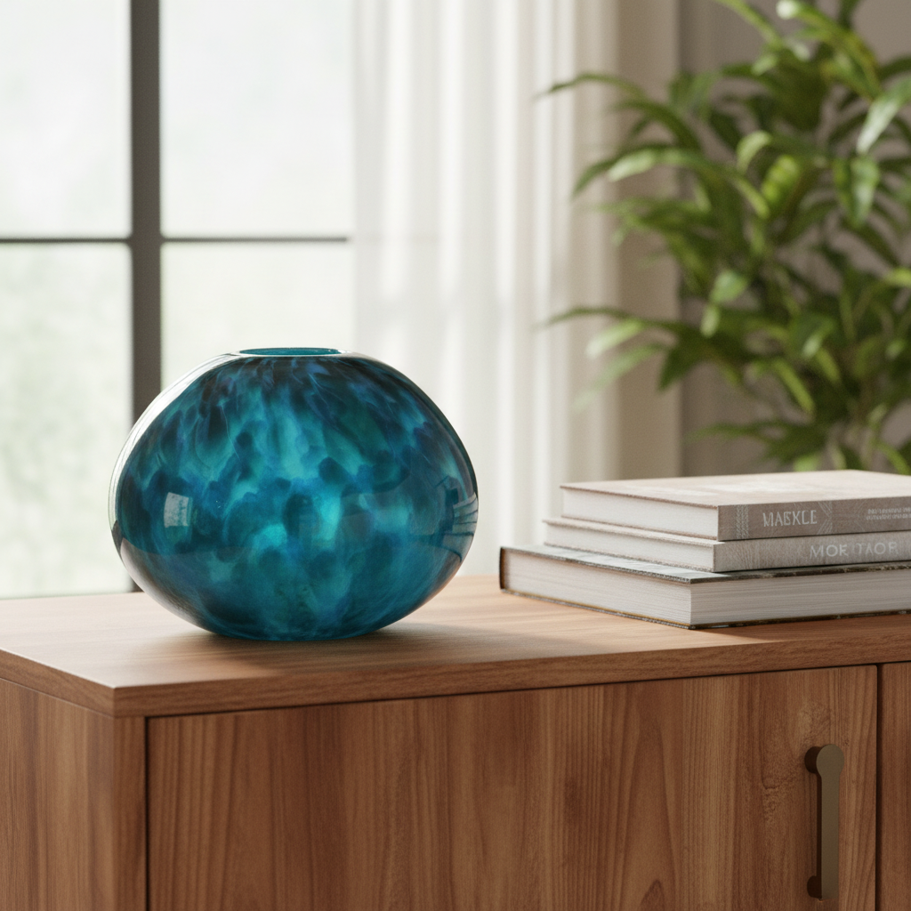 Blue marbled vase on a wooden surface with books and a plant in the background