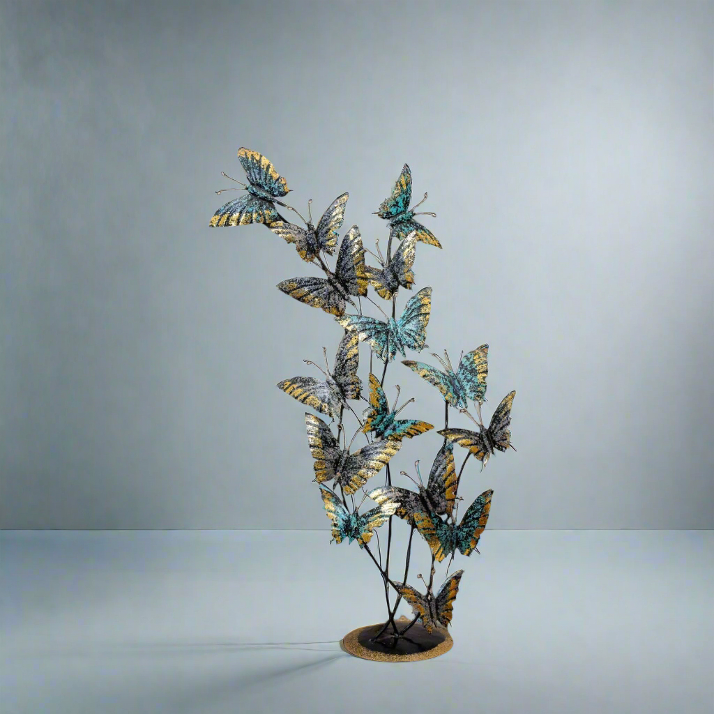 Artistic Golden Wing Butterfly Cluster Decor | Blue & Teal Metal Sculpture
