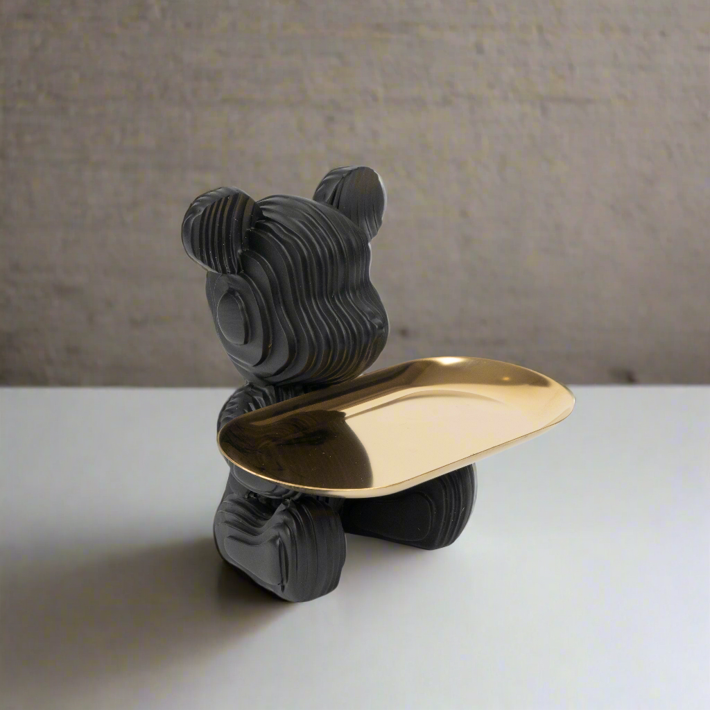 Sleek Bear Figurine with Golden Tray