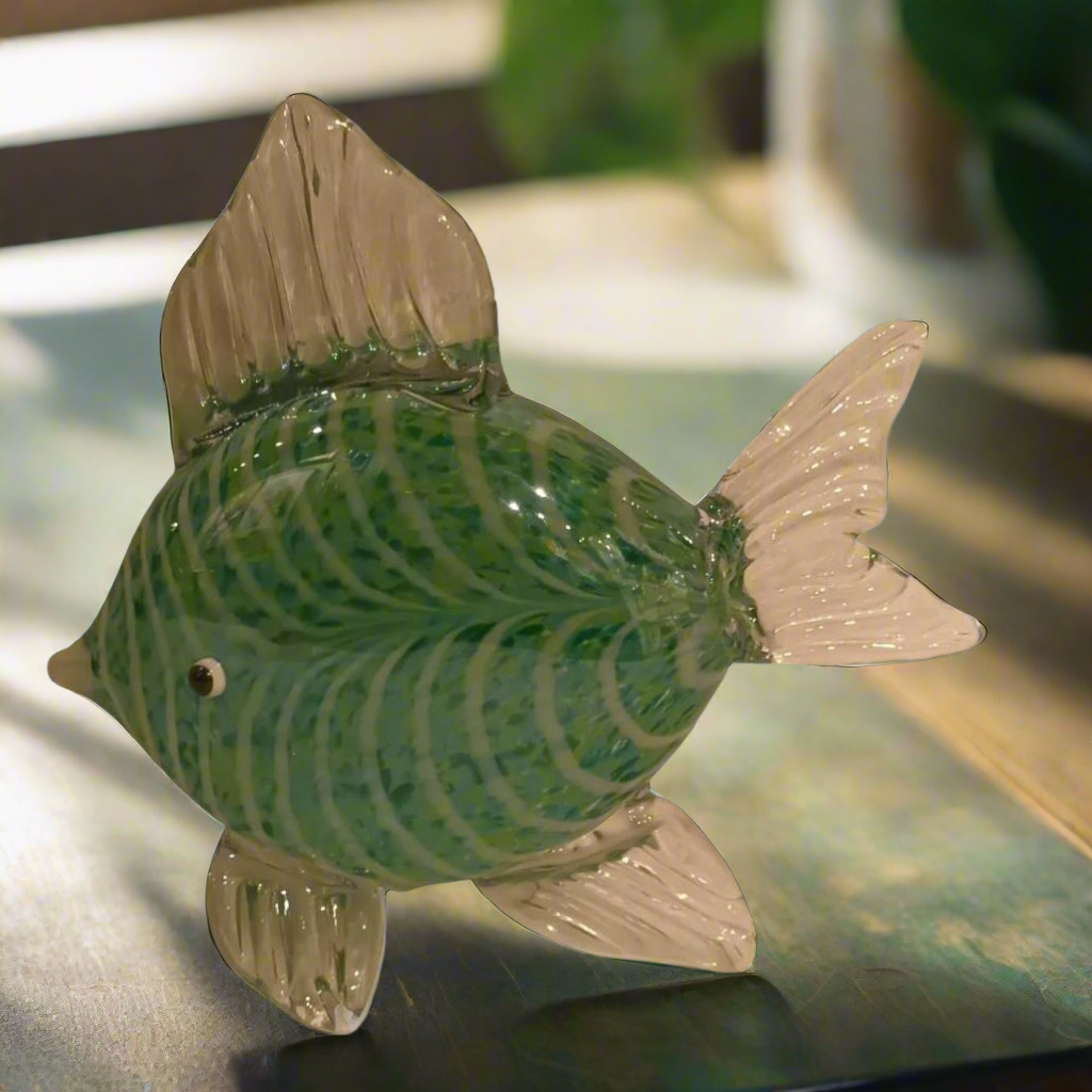 Emerald Ripple: Green & White Swirl Glass Fish Sculpture